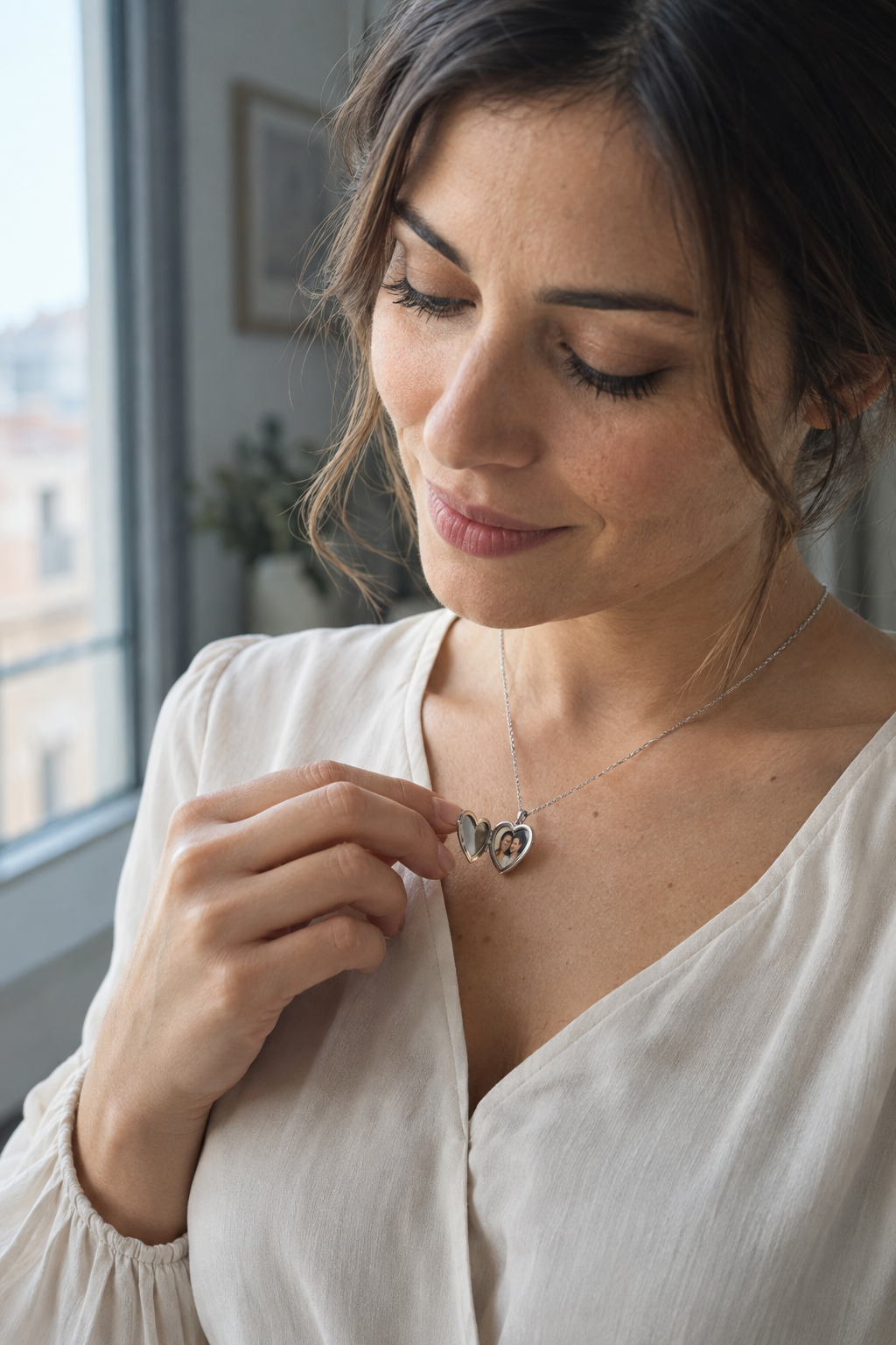 Donna con collana cuore apribile argento
