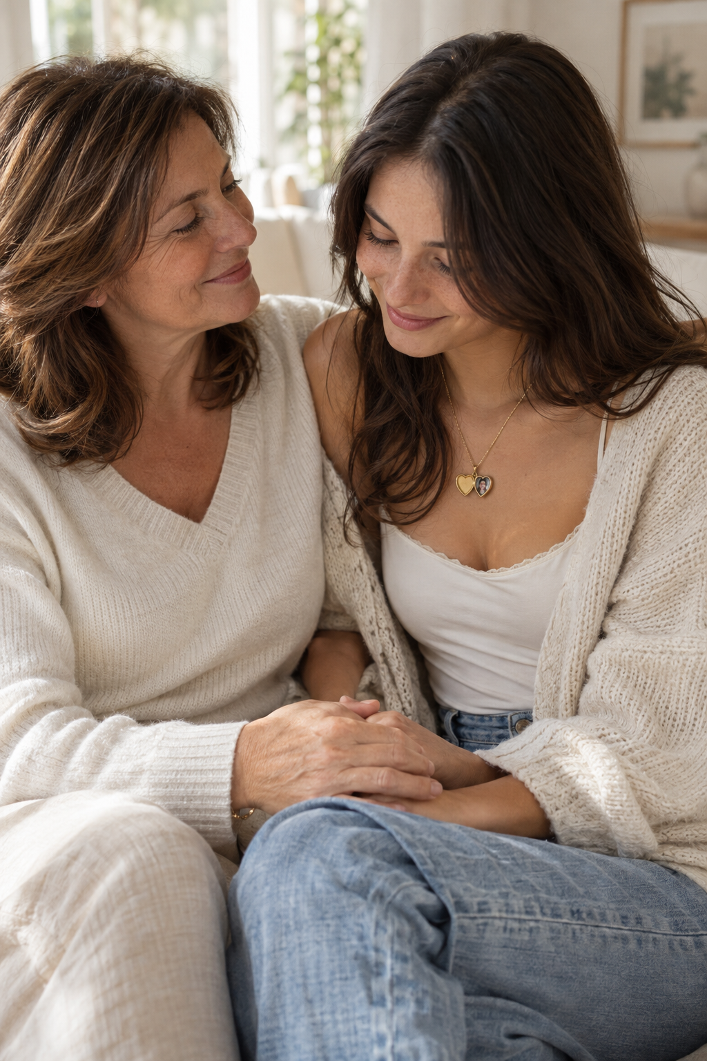 Madre e figlia con collana cuore apribile oro